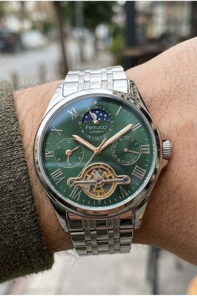 Ferrucci Luxury Men's Automatic Watch |   42 mm Steel Strap, Green Dial