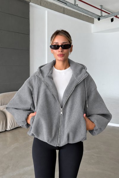 NET OF NOT ZR Model Gri Kapüşonlu Bomber Kalıp Ceket Kadın İthal Tüylenmez Ka...