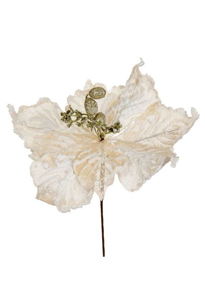 OEM Floare Decorativa de Craciun Reliefata Crem Alba cu Glitter & Clips
