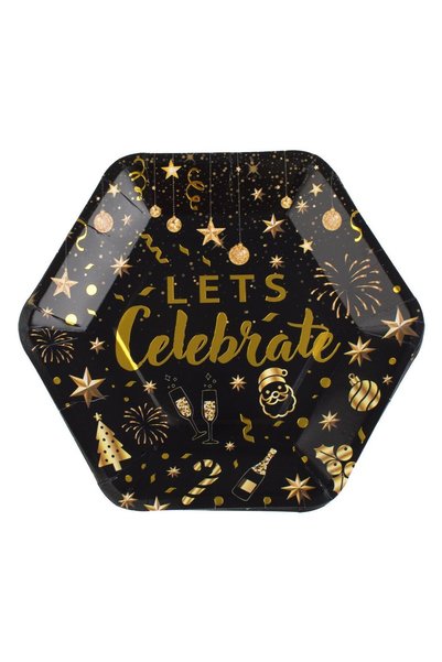 OEM Farfurii de Petrecere din Carton Negre cu Mesaj din Folie Aurie "Celebrat...