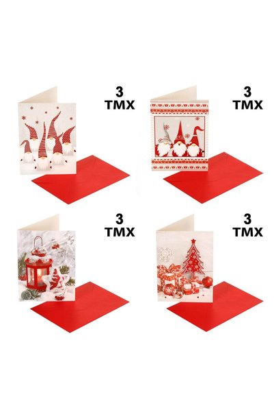 OEM Christmas Cards with 4 Different Designs Red Glitter Foil 12x17cm & Envel...