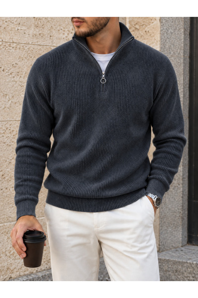 legends butik Men's Stand-Up Collar Half-Zip Thick Knit Winter Sweater.