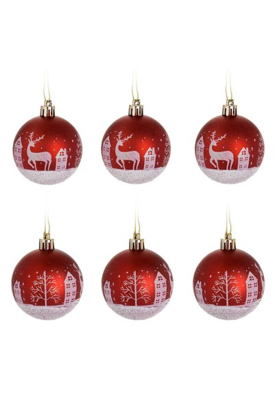 OEM Set Globuri de Craciun Rosii Ninse cu Peisaje & Glitter Ø6cm - 6buc