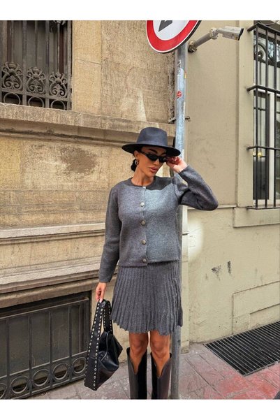hiraz fashion Women's Gray Buttoned Cardigan and Skirt Set