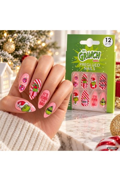 OEM Christmas Fake Nails with Pink Glue with Grinch - 12pcs