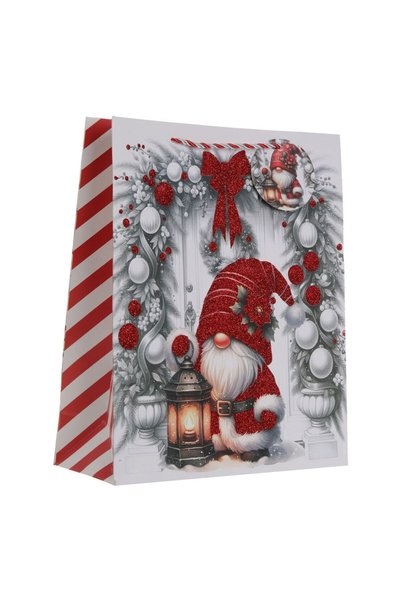 OEM Sacosa Cadou cu Model Gnome de Craciun cu Glitter Rosu 26x10x32cm