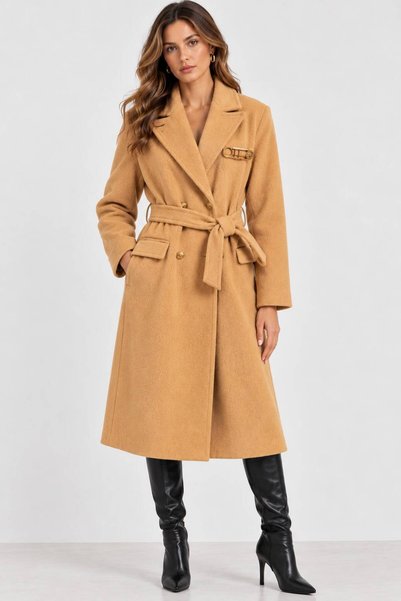 Top Step Long Bowling Coat with Long Fastening and Needle Accessory Detail