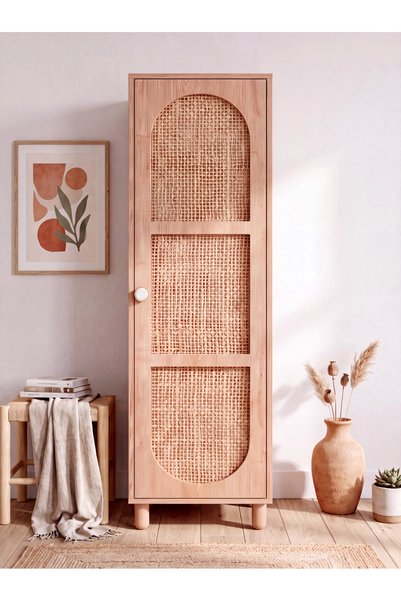 FLORADESİGN Bali Bohem Jüt Tek Kapaklı Gardırop – Jüt Kumaş MDF Kapaklı, Meşe