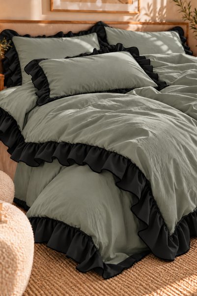 Loyal Home Ruffled 100% Cotton Double Duvet Cover Set Khaki