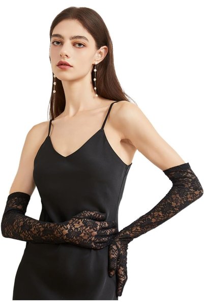 Generic Women's Long Elbow Lace Gloves – Floral Lace Opera Gloves for Dance P...