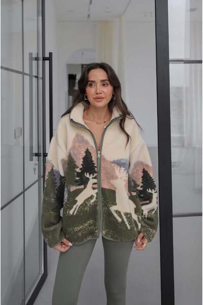 Havoş Khaki Deer Patterned Zippered Fleece Jacket