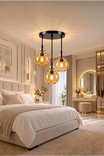 Elizim Home Lighting LUMİERA 3’lü Sarkıt Avize – Parlak Bal Cam'lı, Gold Meta...