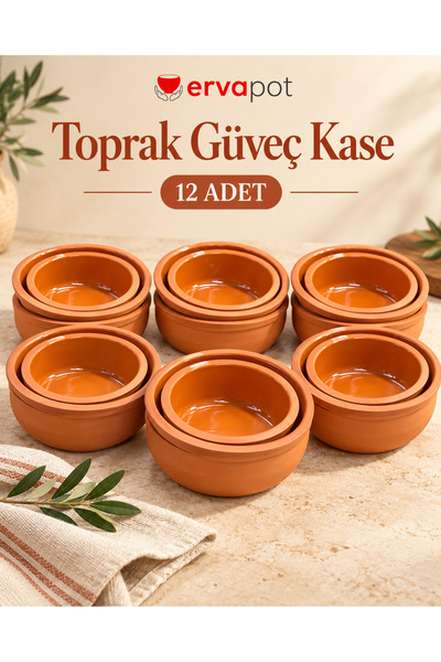 ervapot 12 adet fırın sütlaç & güveç kasesi (doğal kil / Isıya dayanıklı)