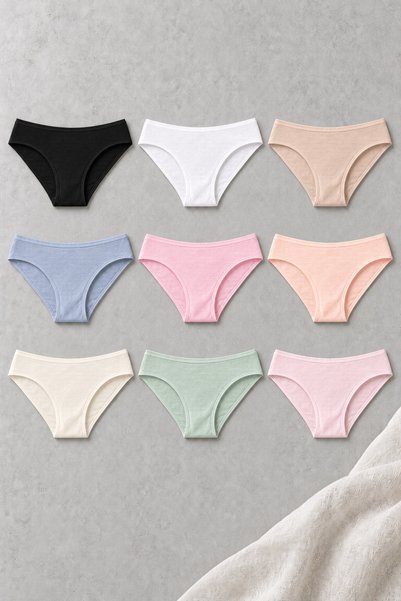 Elviera Kadın 9'lu Pamuklu Likralı Bikini Kesim Külot Siyah-Beyaz-Ten-Mavi&Gr...