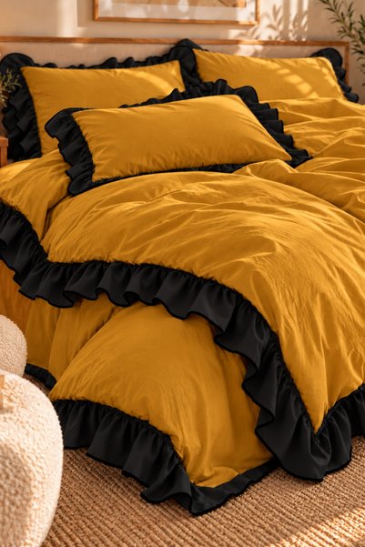 Loyal Home Ruffled 100% Cotton Double Duvet Cover Set Mustard
