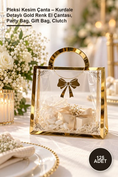 Yenilig 125 Pieces of Plexi Cut Bags – Gold Color Hand Bag with Ribbon Detail...