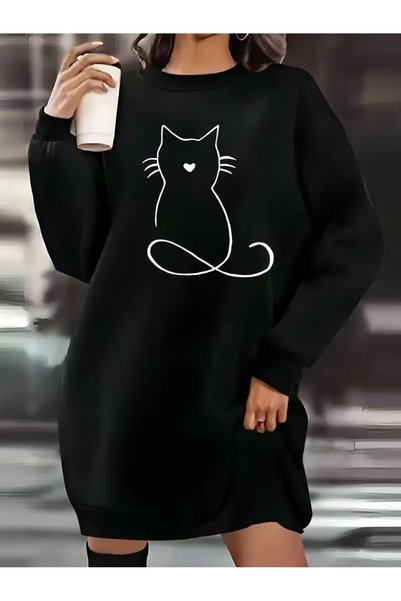 HOFFNUNG Cat Printed Winter Knitwear Sweater Dress Women