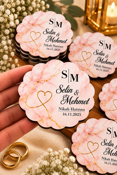 hediyyenvar Kişiye Özel Nikah Magneti – Mermer Desenli, Çiçekli ve Gold Detaylı MDF UV Baskı Hediyelik Magnet 25 Adet