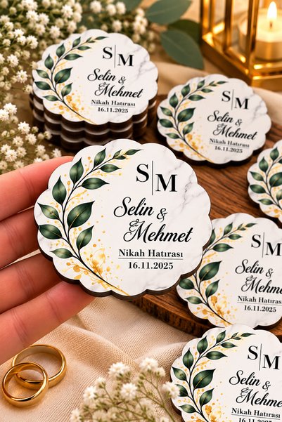 hediyyenvar Kişiye Özel Nikah Magneti – Mermer Desenli, Çiçekli ve Gold Detaylı MDF UV Baskı Hediyelik Magnet 25 Adet