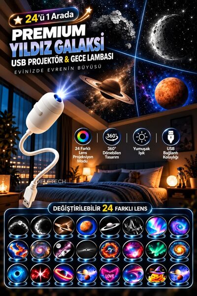 Deletech Premium Yıldız Galaksi Projektörü 24'ü 1 Arada | 24 Farklı Lensli Uz...