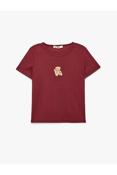 Koton Teddy Bear Embroidered Slim Fit Cotton Crew Neck Short Sleeve T-Shirt