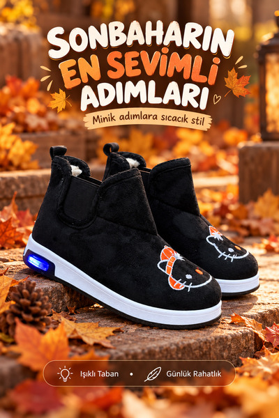 CCTWİNS KİDS Işıklı Unisex Çocuk Peluş Bot Nakış Desenli Lastikli Süet Kışlık...