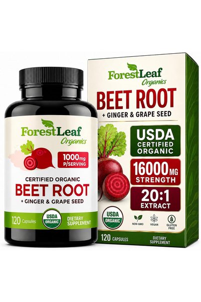 ForestLeaf كبسولات جذر الشمندر العضوي مع الزنجبيل وبذور العنب بتركيز 16000 مل...