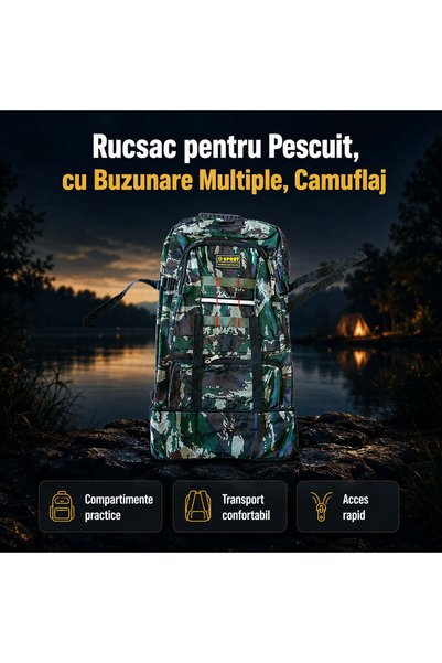 FOXMAG24 Rucsac de pescuit, Camuflaj, Poliester, 50x40x25 cm, 3 compartimente