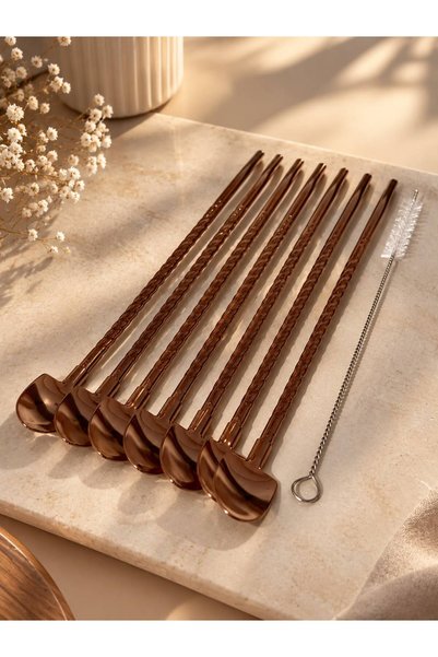 ArzaCollection Copper / Rose Gold Steel 6-Piece Straw Spoon Set - Washable Mi...