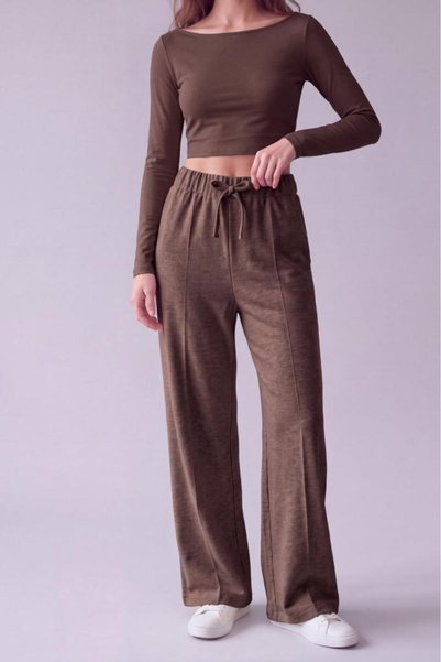 Betimoda Women's Elastic Waist Wide Leg Knitwear Trousers