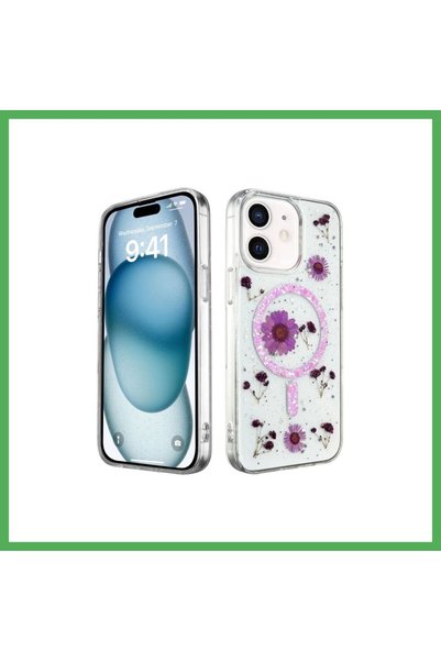 Nur store Çanta iPhone 12 Compatible Case Daisy Glitter Magsafe Cover - Purpl...