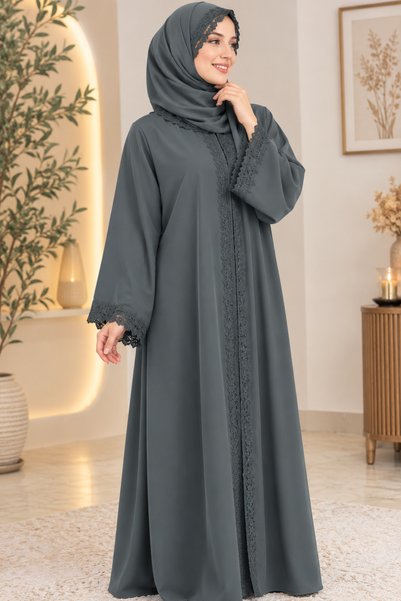 Duru Colletion Kadın Pamuklu Ayrobin Kumaş Dantel Detaylı Uzun Tesettür Elbise