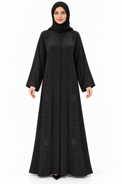 MOHAMED ZAHABI Abaya with Vertical Floral Patterns |   Tonal Floral Panel Abaya