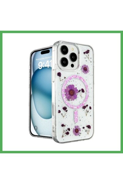 Nur store Çanta iPhone 16 Pro Compatible Case Daisy Glitter Magsafe Cover - P...