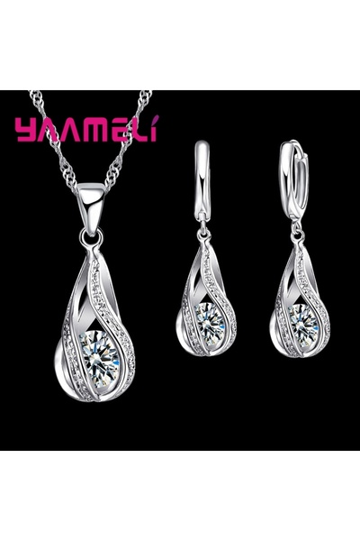 Choice White Hot Water Drop CZ 925 Sterling Silver Plated Jewelry Set For Wom...