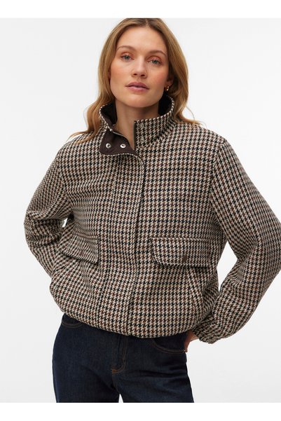 Vero Moda 10348771-191109 TCX Koyu Kahve Kadın Dik Yaka Desenli Tüvit Mont
