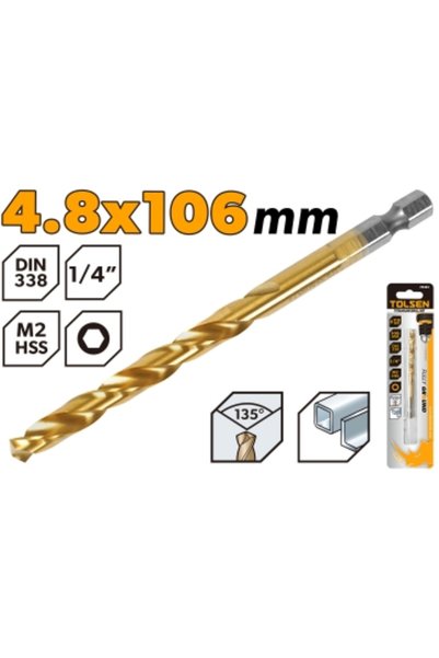 TOLSEN Drill Bits Titanium HSS/M2 1/4" Hex Shank 4.8x106mm (0.19"x4.17")