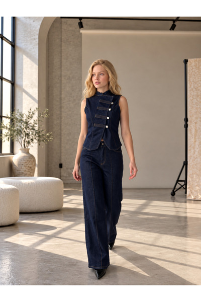 SERAPA Kadın Likralı Asimetrik Denim Bluz Pantolon Takımı Geniş Paça Metal Düğmeli Lacivert İkili Takım