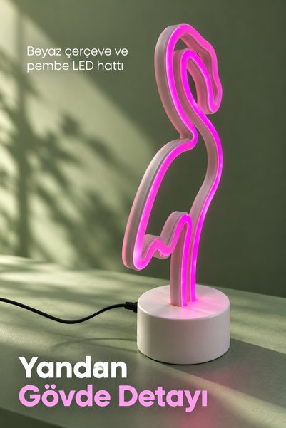 Clevora Dekoratif Flamingo Neon Lamba Pembe Işıklı Beyaz Tabanlı