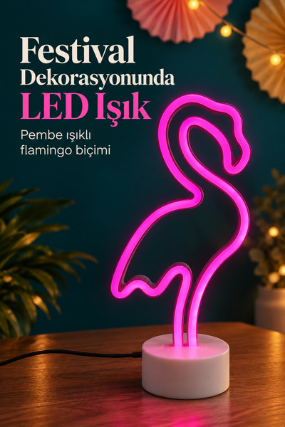 Clevora Flamingo Neon Lamba Beyaz Gövdeli Yuvarlak Tabanlı