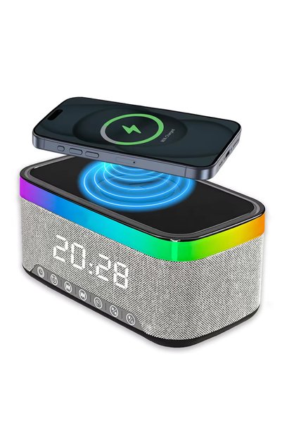 Bluejw مكبر صوت لاسلكي محمول S300 مع إضاءة RGB وشاحن هاتف لاسلكي وساعة ومنبه ...