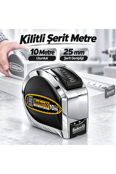 Badem10 Kilitli Şerit Metre 10 Metre x 25 mm Krom Gümüş Ölçü Metresi Mobilya ...