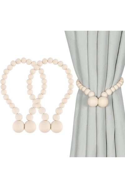 Generic Magnetic Curtain Tiebacks for Drapes, 2-Pack Wood Bead Curtain Holdba...