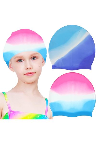 Generic Kids Swim Cap, 2 Pack Elastic Silicone Swimming Cap for Boys Girls Te...