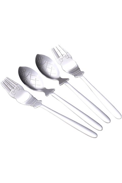 Generic طقم ملاعق سمك وشوك روبيان من الفولاذ المقاوم للصدأ مكون من 4 قطع، أدو...
