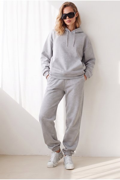 Olalook Women's Gray Hooded Thick Tracksuit Set Etkm-0000093