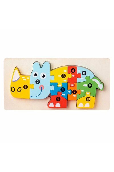 Flippy Puzzle din Lemn 3D Montessori, Flippy, Model Rinocer, 11 Piese Numerot...