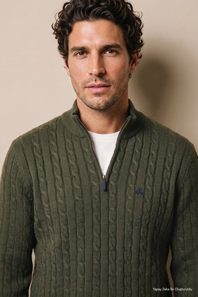 BROOKS BROTHERS Erkek Haki Kaşmir Karışımlı Saç Örgü Desenli Bato Yaka Kazak