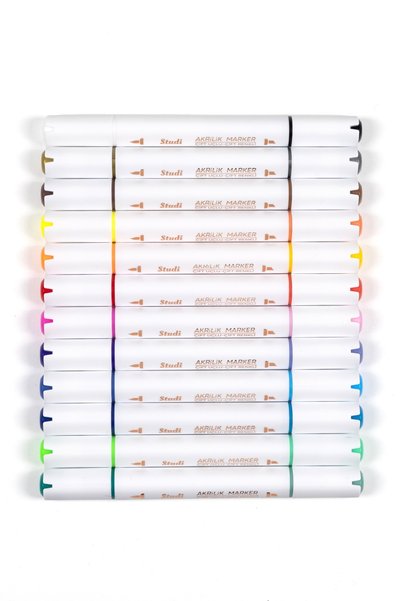 Studi Çift Uçlu Çift Renkli Akrilik Kalem 12'li Set, 24 Renk