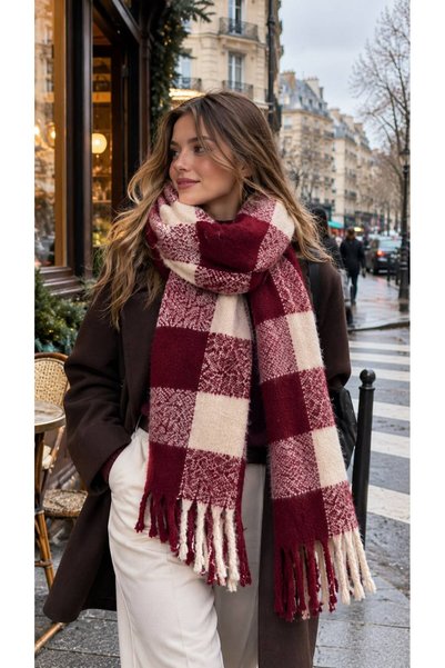 HAZAL KAYA ATELIER Burgundy Plaid Patterned Soft Textured Tasseled Thick Scar...